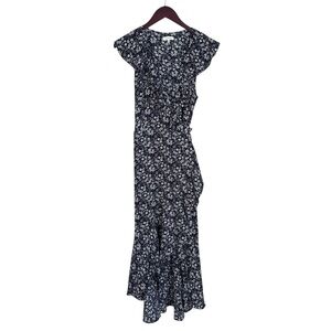 Max Studio Floral Ruffle Maxi Wrap Dress Black White Boho Cottagecore Coquette